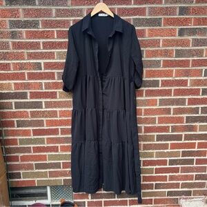 Ecowish Black Collared Tiered Button Down Belted Maxi Dress